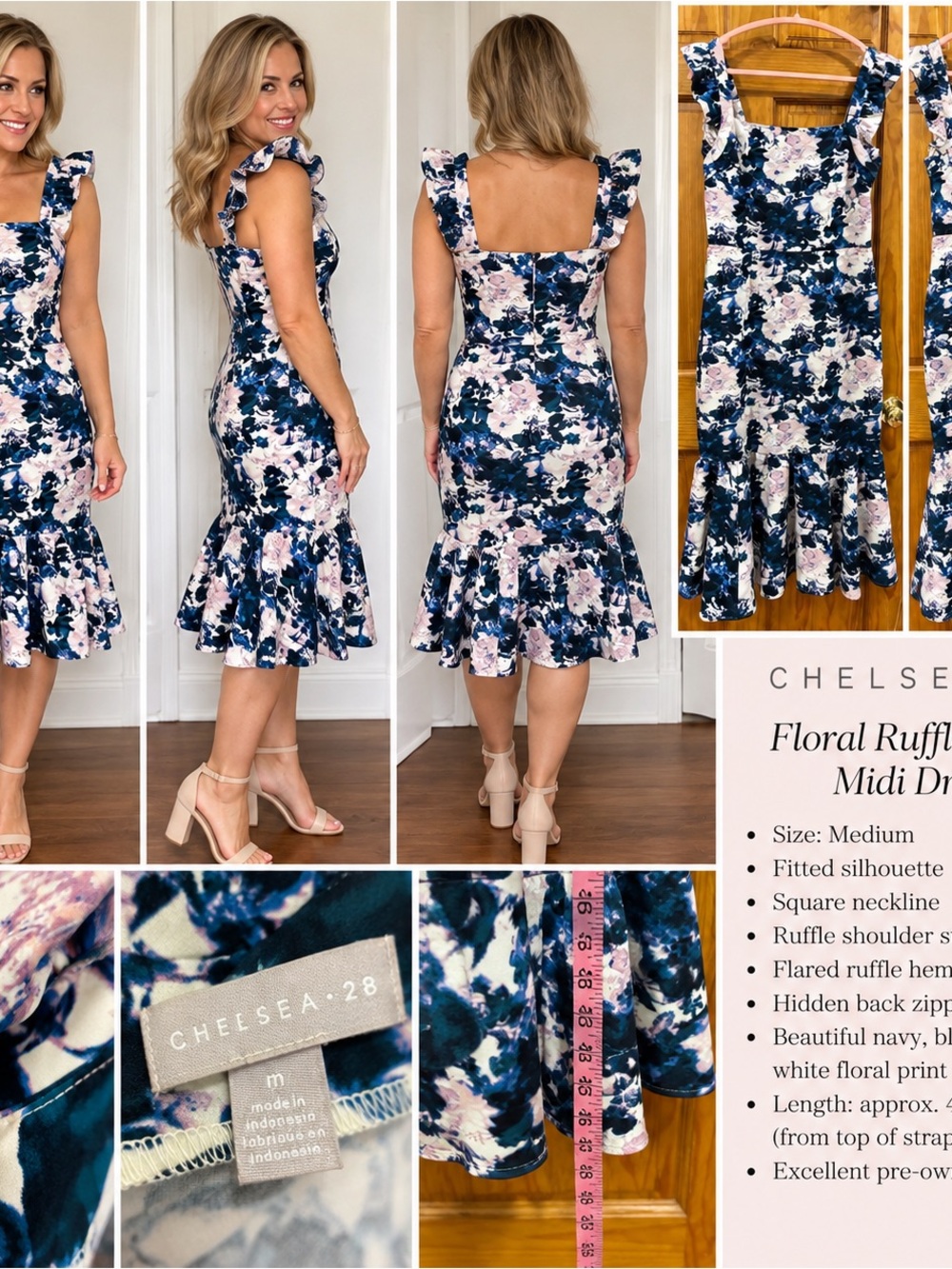 Chelsea28 Navy Blue Floral Ruffle Midi Dress